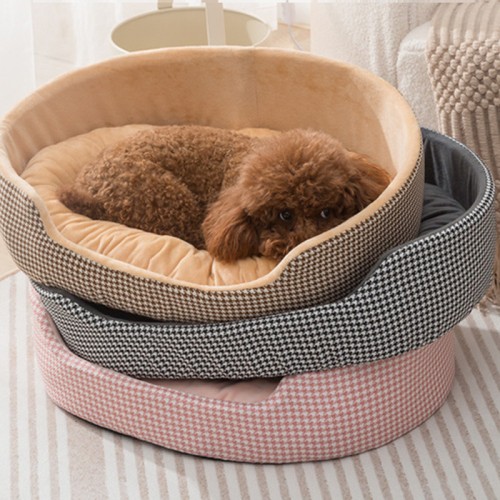 Houndstooth Dog Kennel Oval Open Mat Cat Bed Plush Dog Bed Bite-Resistant Pet Bed