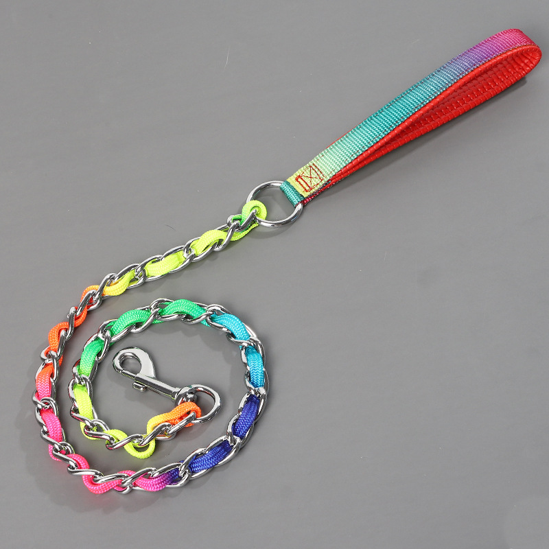 Rainbow Metal Dog Leash Chain with Padded Handle for Outdoor Training